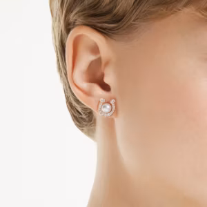 ต่างหูเม็ดเดี่ยว Crystal Pearl, ฝังแบบพาเว่, เกือกม้า, ขาว, เคลือบโทนสีโรสโกลด์